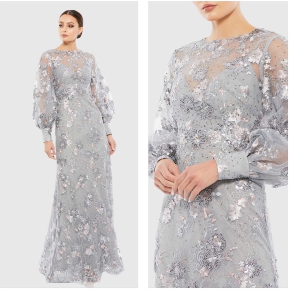Mac Duggal Size 10 Gray Embellished Illusion Long Sleeve Formal Gown Dress
67936